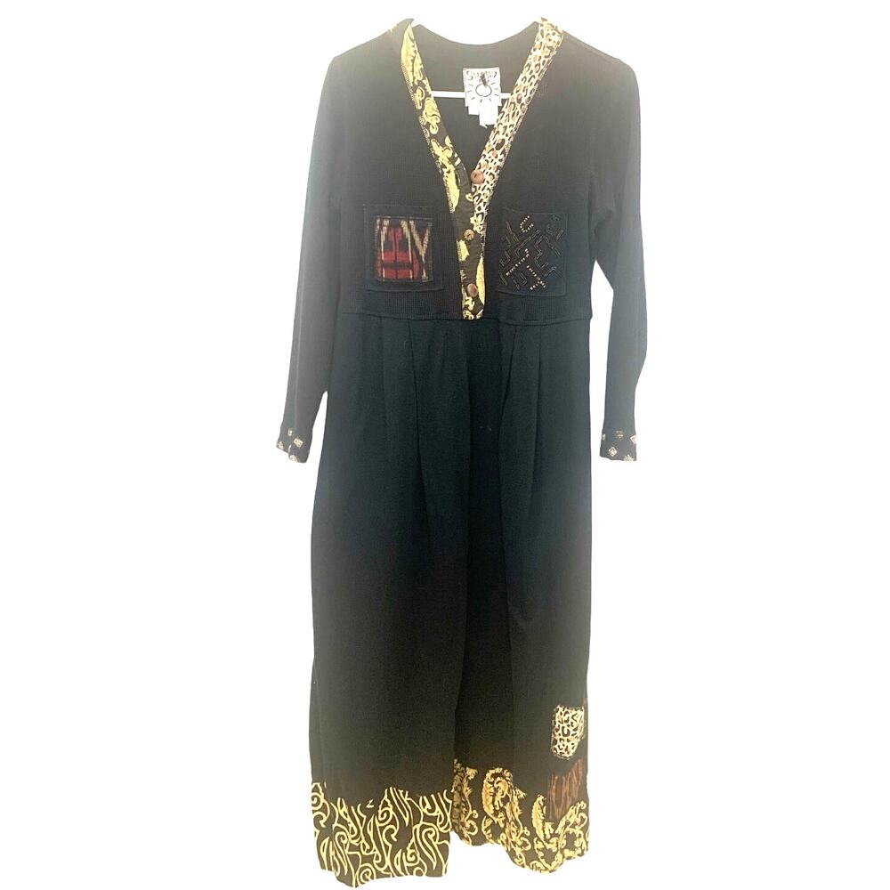 Surya Black Beaded Midi Dress M Gold Detail Boho Pockets Sheath Artsy